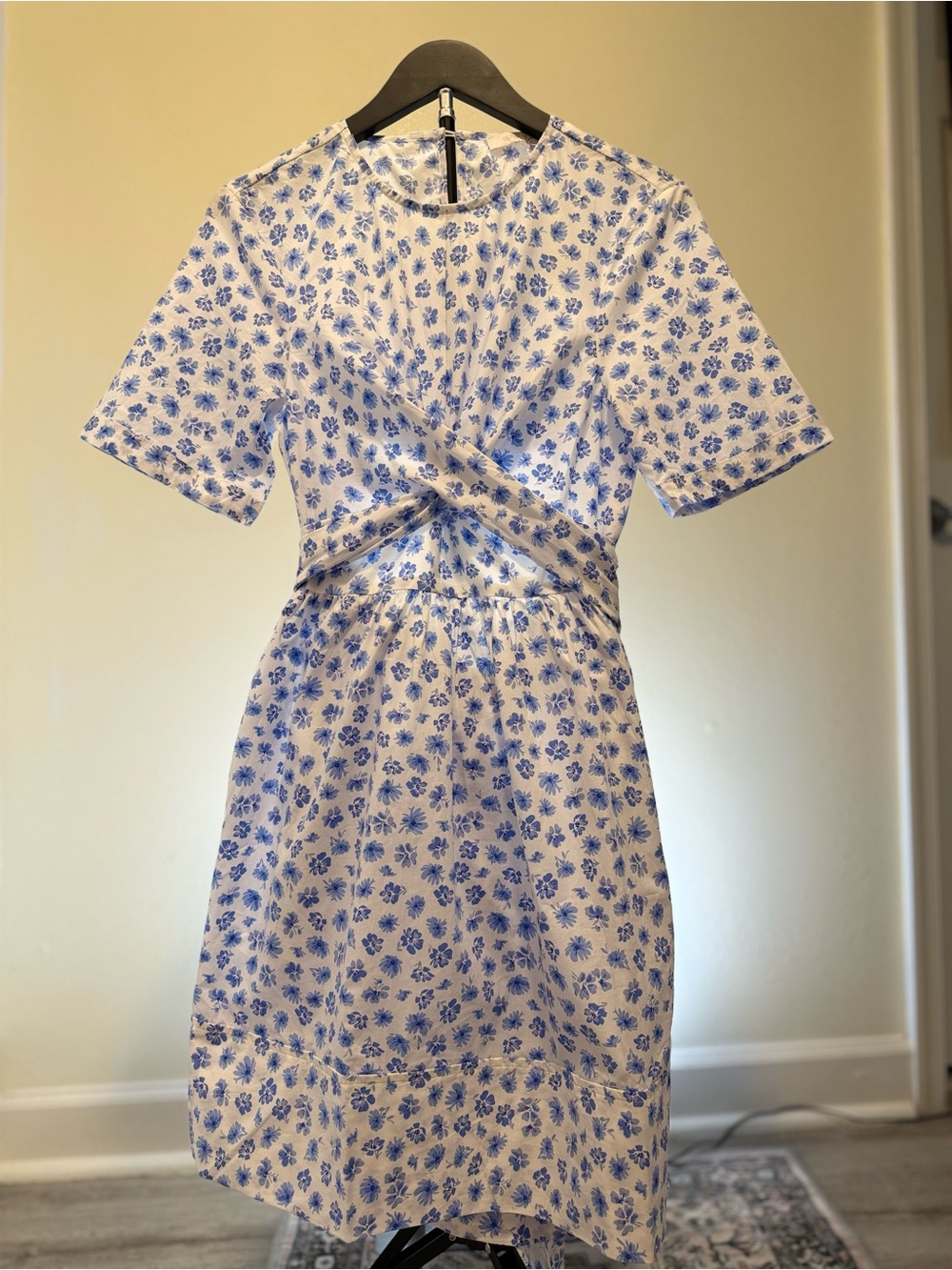 Olivaceous White Mini Dress with Blue Floral Twist Front - Medium